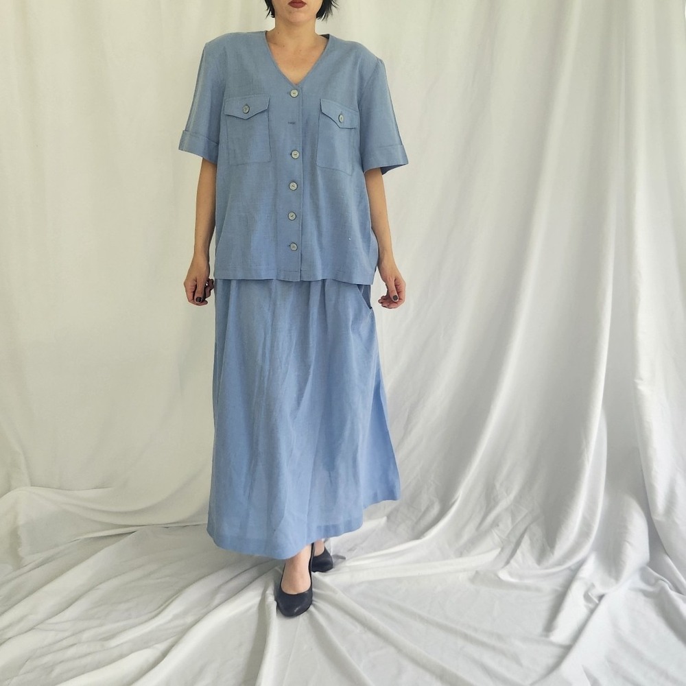 90s Blue Lightweight Button Down and Skirt Set